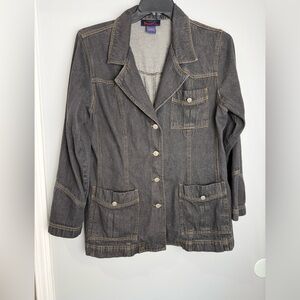 Denim & Co Blazer Womens Blue Denim Ramie Blend 4 Button Pockets Stretch S Lgr